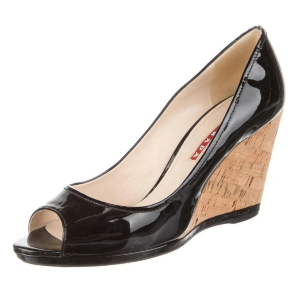 Prada Black Patent Cork Wedge Pumps Size 7.5